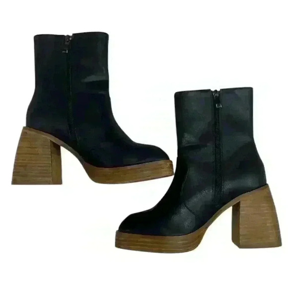 böhme Platform Black Leather Ankle Bootie Chunky 3” Heel Inner Ankle Zip Up 6.5 - Picture 2 of 11